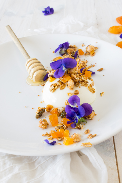 Panna Cotta au Fromage Blanc, Miel, Granola Noisette-Abricots et Fleurs de Violette
